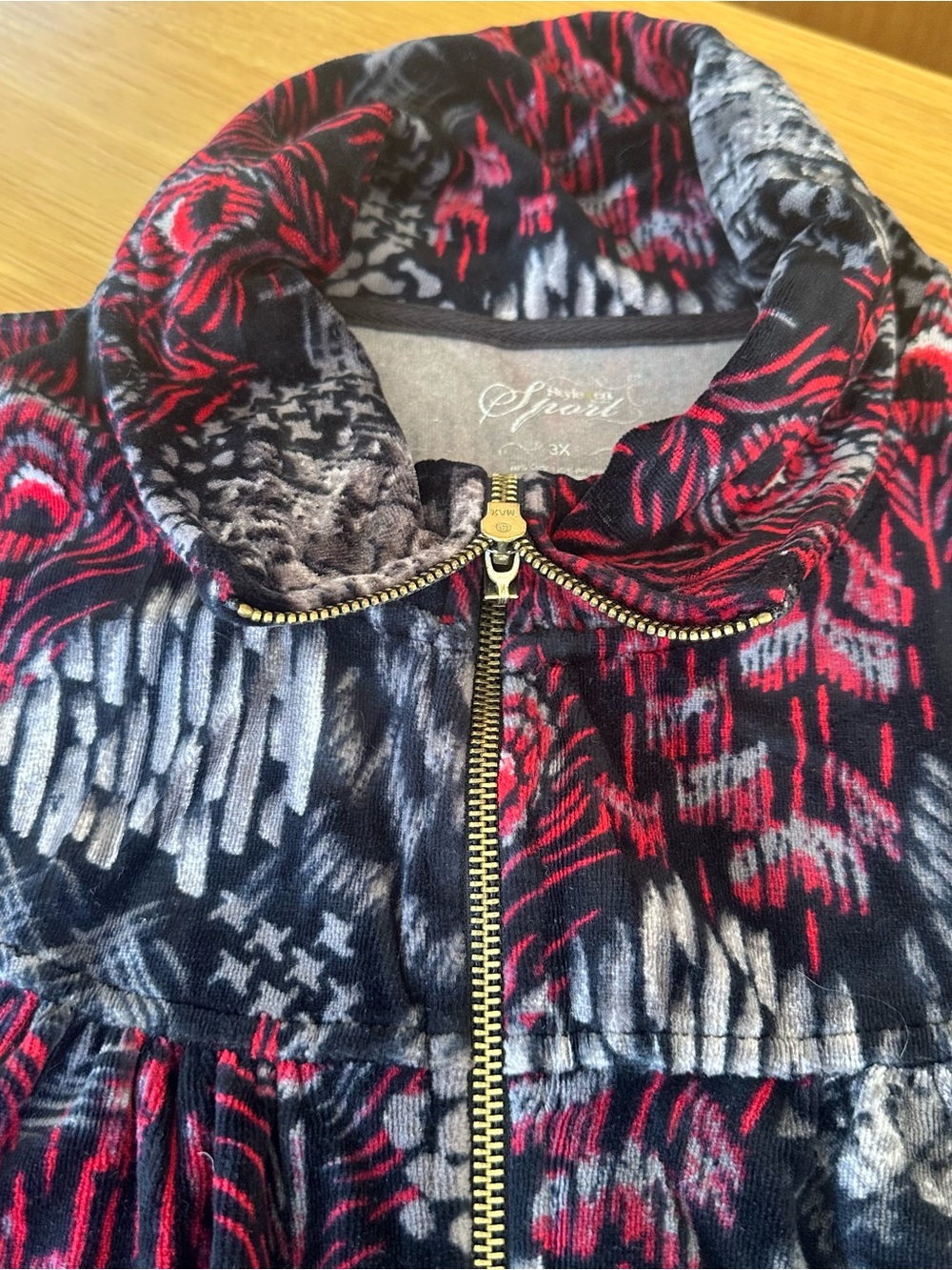 Style & Co. Black and Burgundy Rich Red Velour Printed Sweatshirt